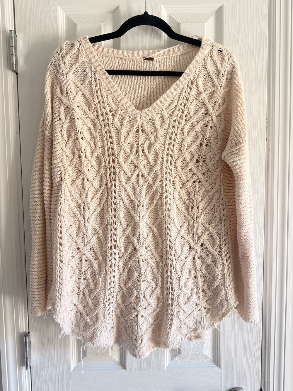 Free People Cross My Heart Distressed Knit Crochet Sweater Jumper Cream Small
